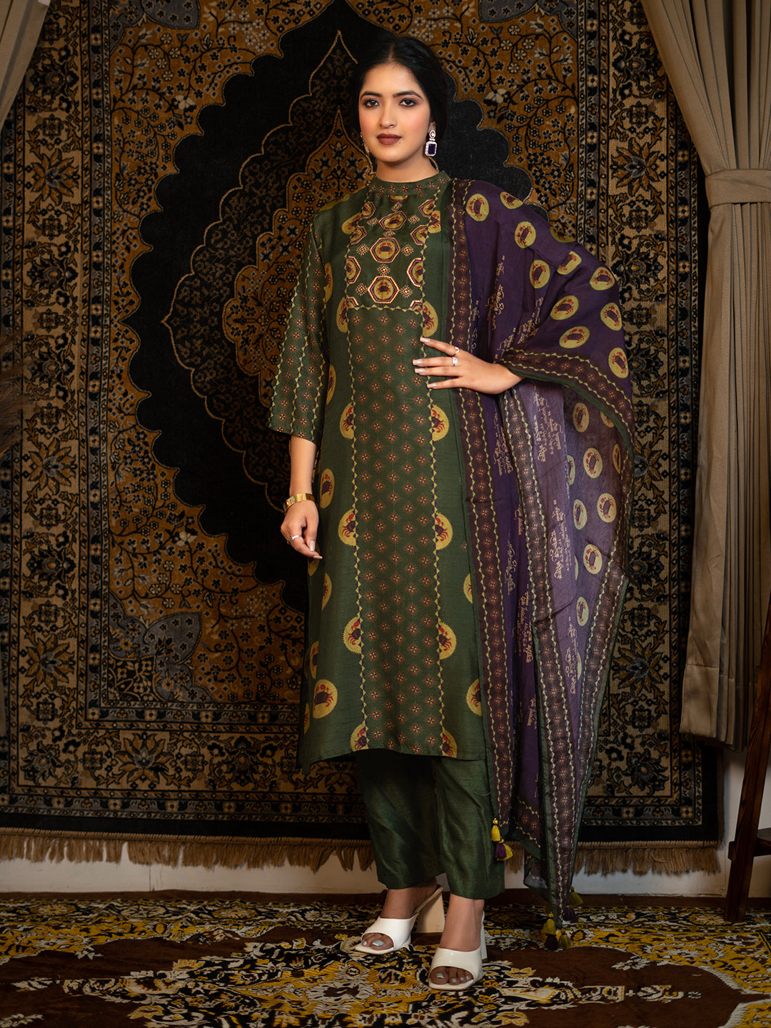 Cancer - Dark Olive Green Astro Fashion Based Raw Silk Top Bottom Dupatta Set with Treadle Zari Work earthofab