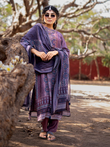 Purple color Ajrakh Based Printed Muslin Straight Kurta Pant Set with Dupatta earthofab