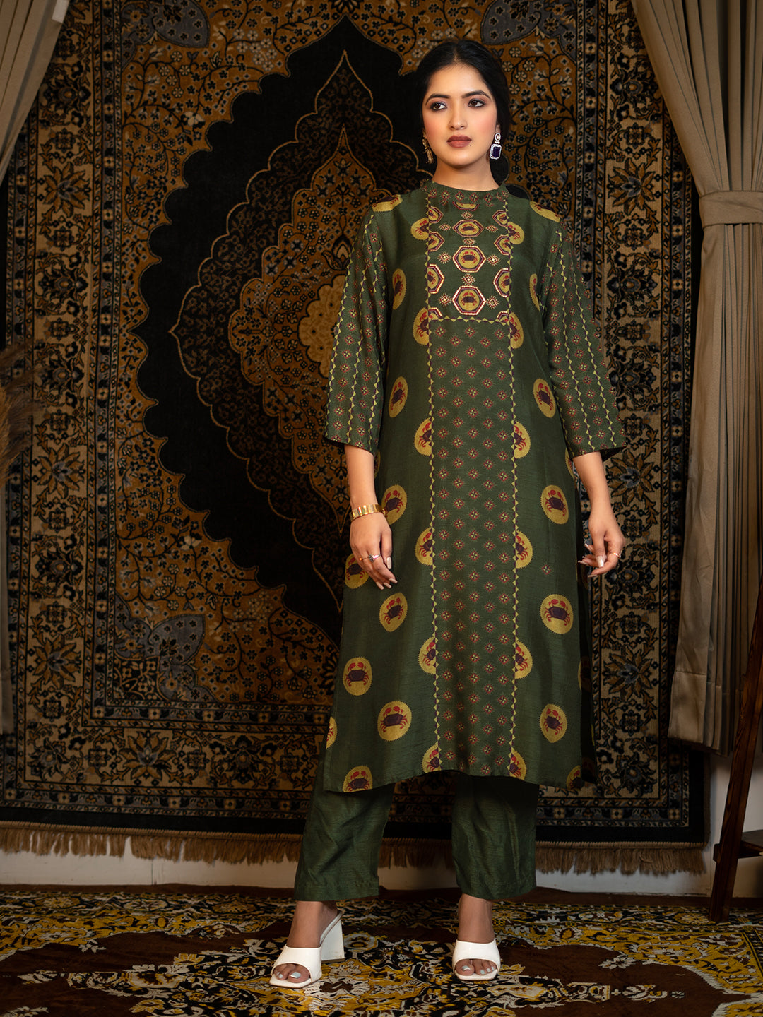 Cancer - Dark Olive Green Astro Fashion Based Raw Silk Top Bottom Dupatta Set with Treadle Zari Work earthofab