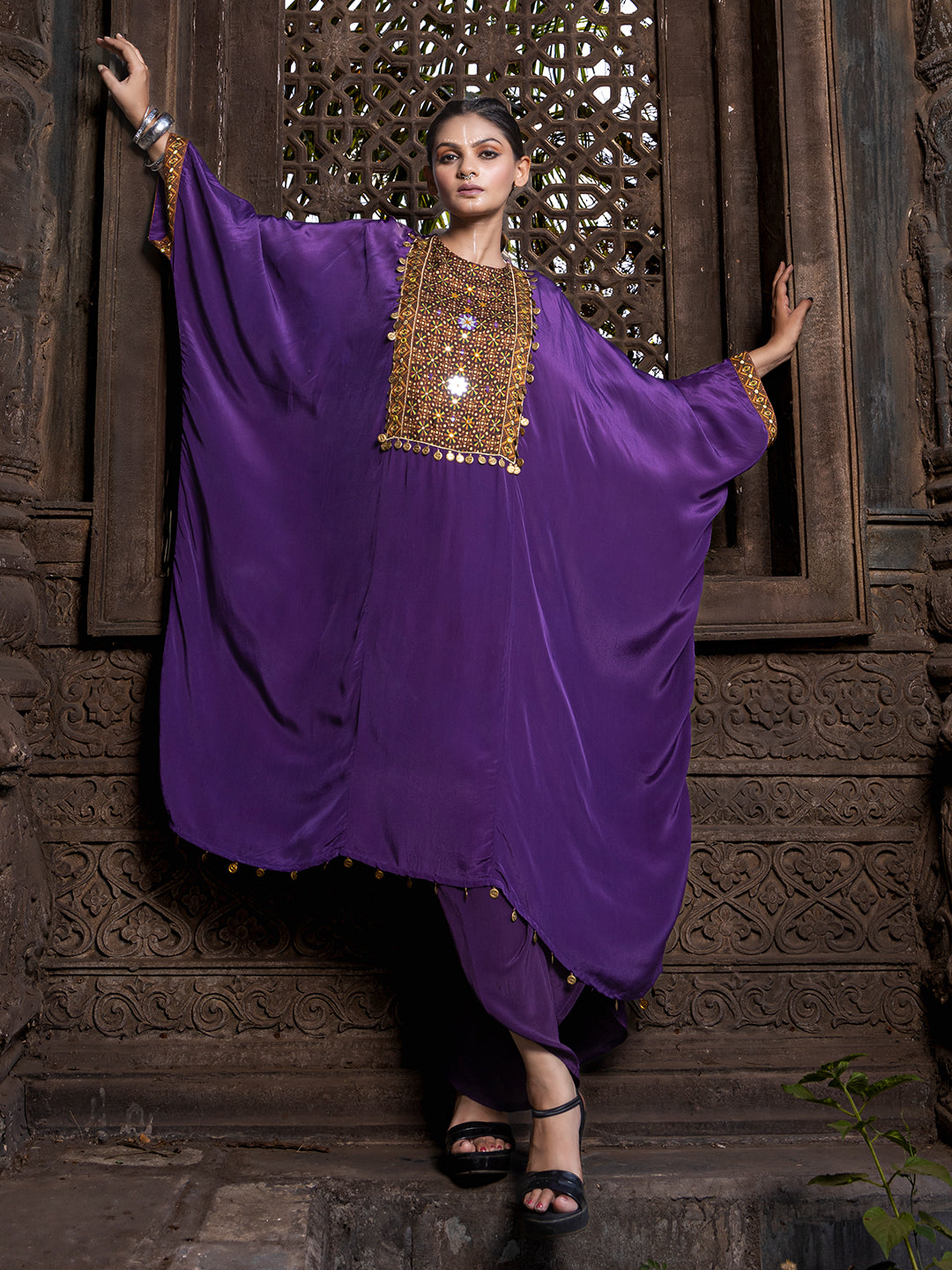 Purple Solid Color Based Natural Crepe Kaftan with Bottom with Hand Embroidery earthofab