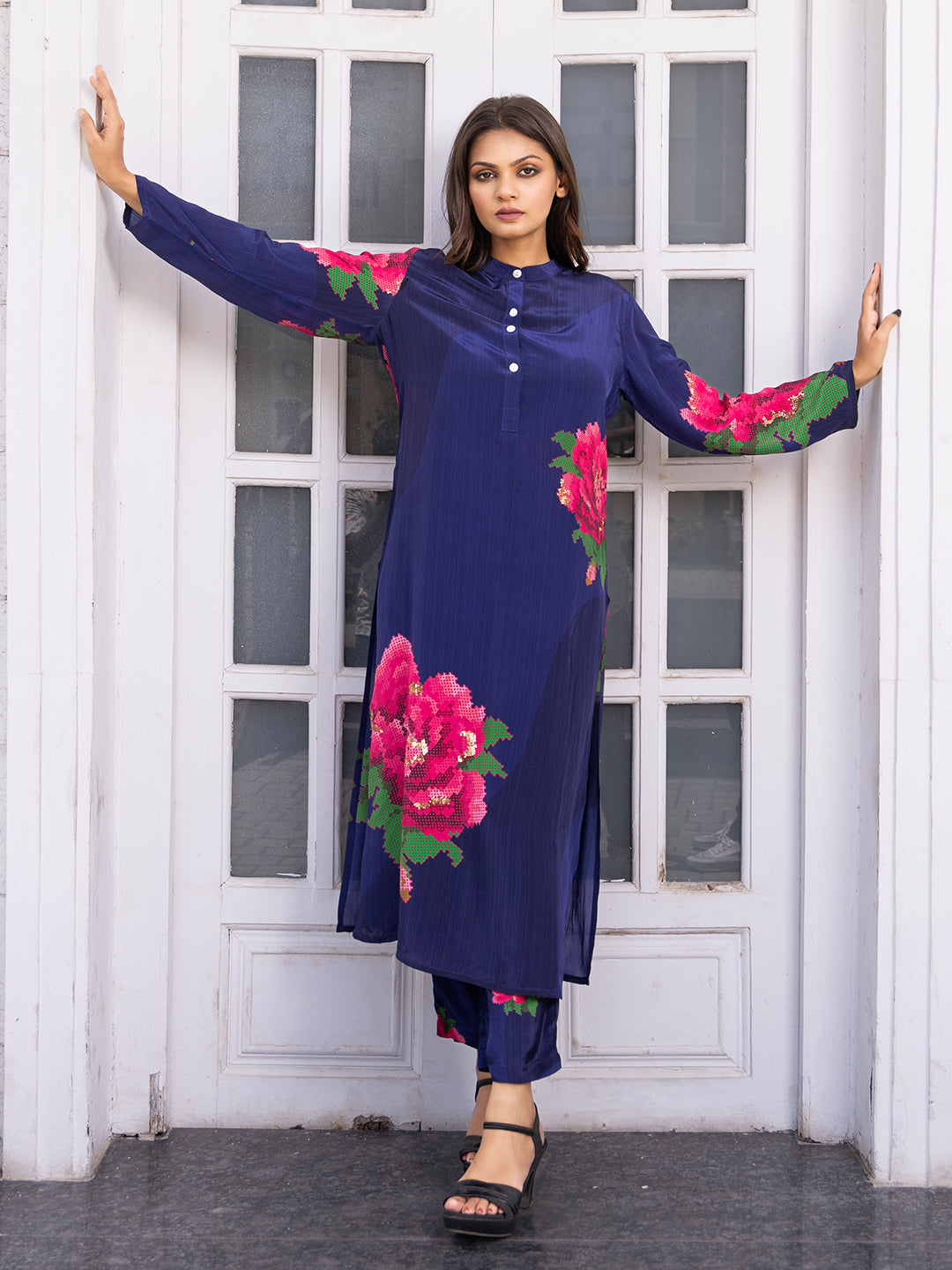 Blue Color Cross-Stitch Based Natural Crepe Straight Kurta Set with Hand Embroidery earthofab