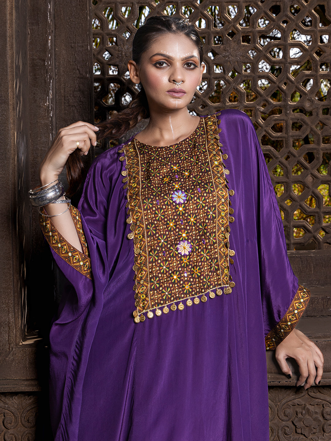 Purple Solid Color Based Natural Crepe Kaftan with Bottom with Hand Embroidery earthofab