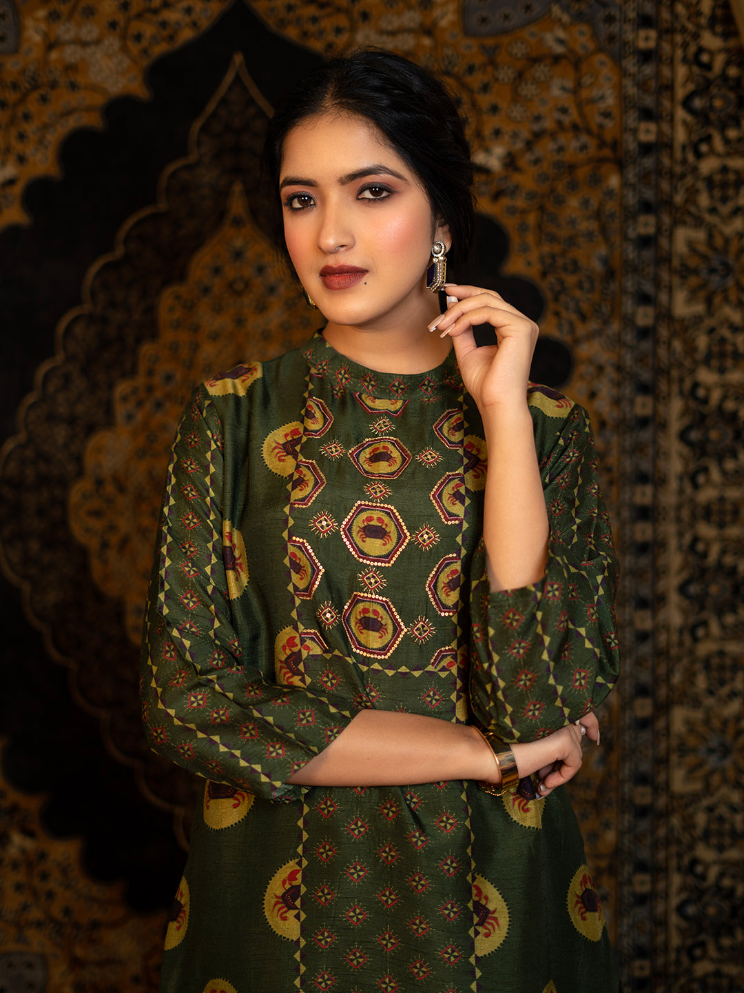 Cancer - Dark Olive Green Astro Fashion Based Raw Silk Top Bottom Dupatta Set with Treadle Zari Work earthofab