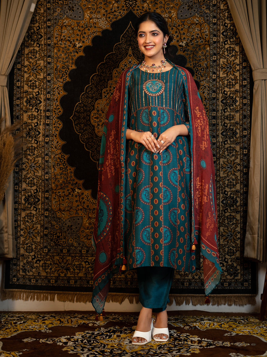 Gemini - Teal Blue Astro Fashion Based Raw Silk Top Bottom Dupatta Set with Treadle Work earthofab