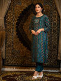 Gemini - Teal Blue Astro Fashion Based Raw Silk Top Bottom Dupatta Set with Treadle Work earthofab