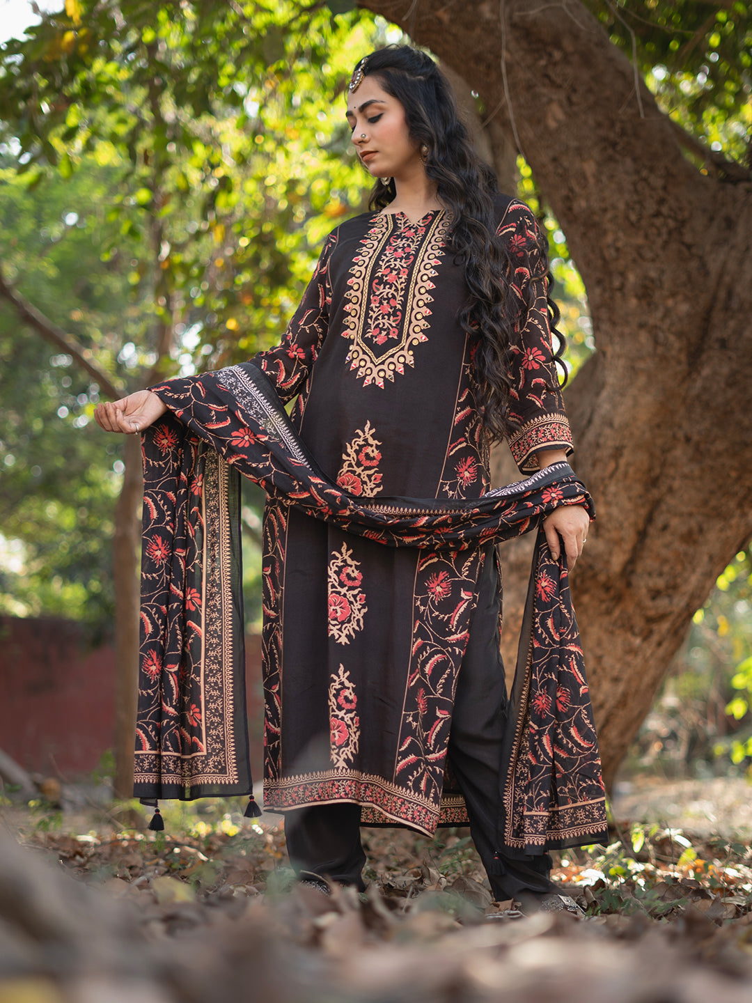 Black color Ajrakh Based Printed Muslin Straight Kurta Pant Set with Dupatta earthofab