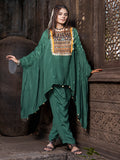 Bottle-Green Solid Color Based Natural Crepe Kaftan with Bottom with Hand Embroidery earthofab