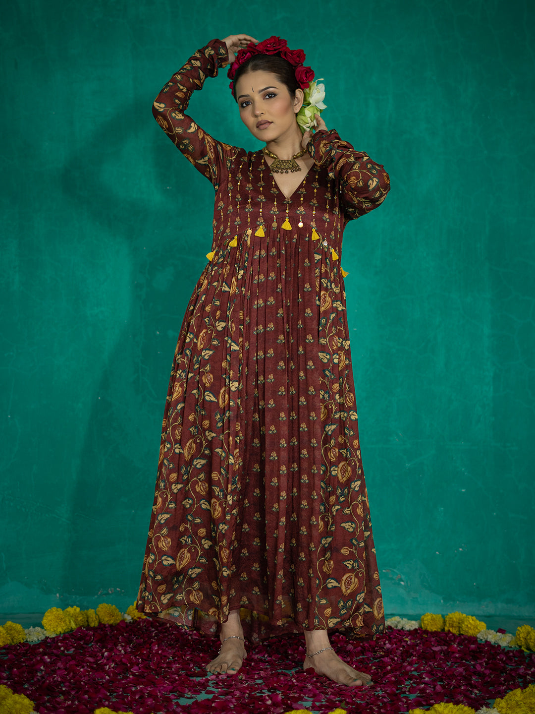 Dark Brown color Kalamkari Based Digital Printed Chinnon Straight Dresses & Gowns earthofab