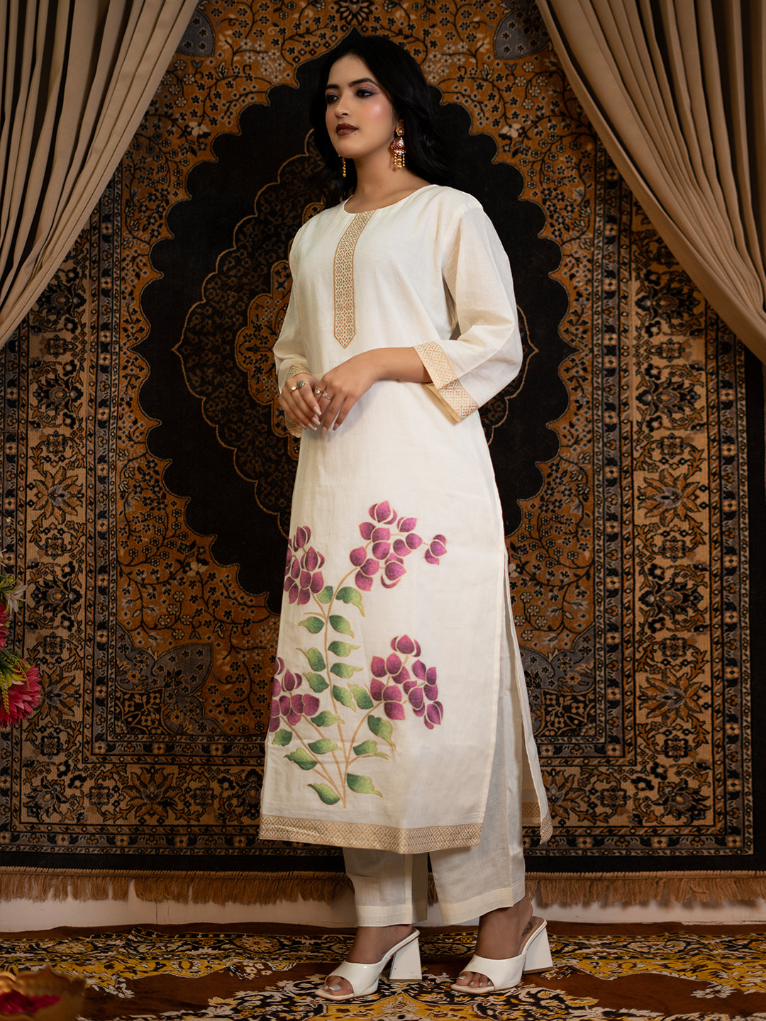 Off-white color Cotton Jacquard Solid Cotton Straight Kurta Pant Set with Dupatta earthofab