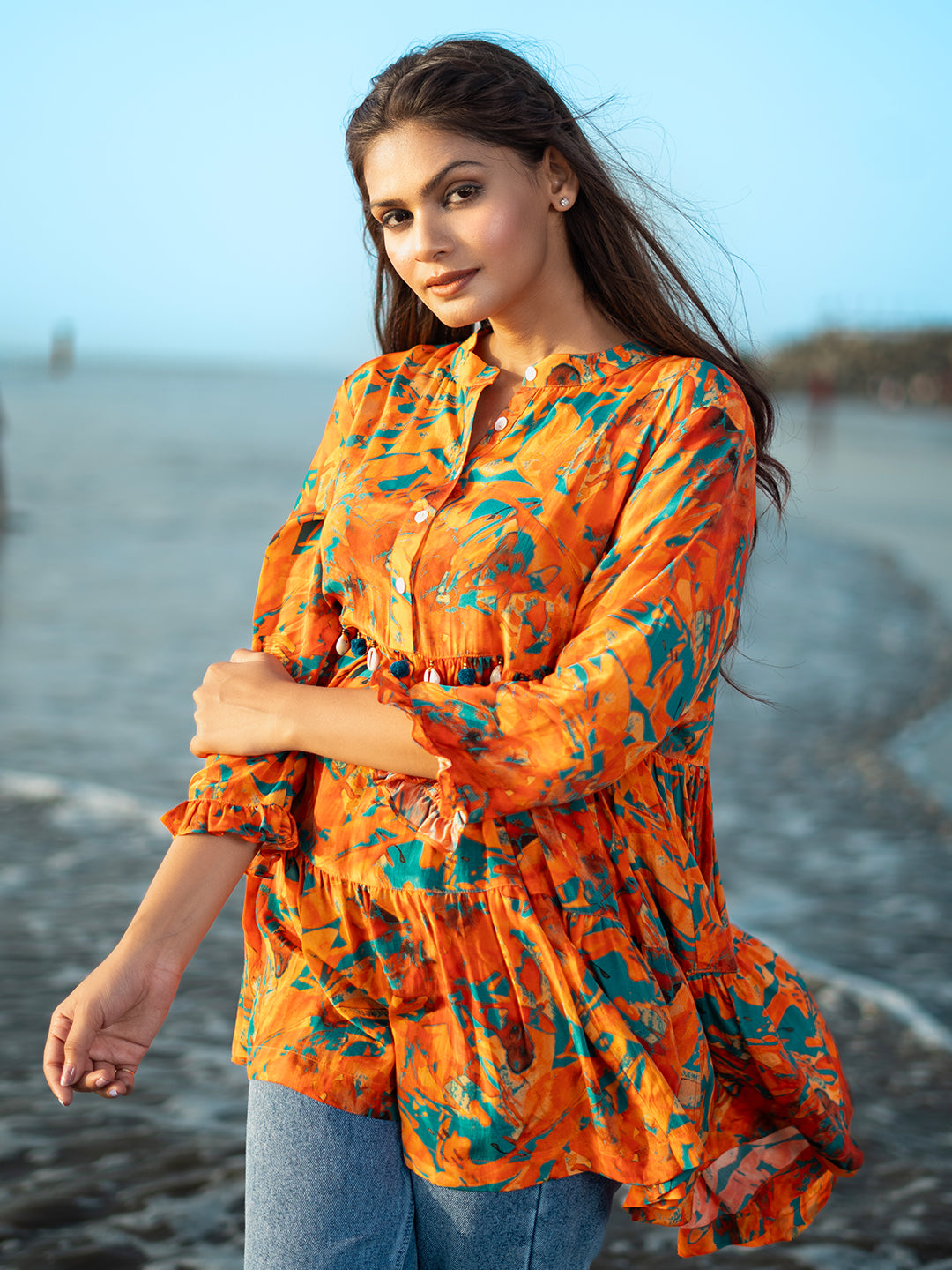 Orange Color Natural Crepe Asymmetrical Top with Abstract Print & Shells earthofab