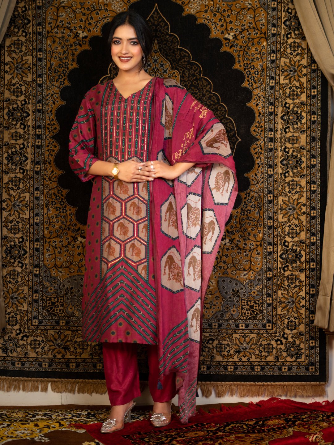 Leo - Maroon Astro Fashion Based Raw Silk Top Bottom Dupatta Set with Sequence Hand Work earthofab