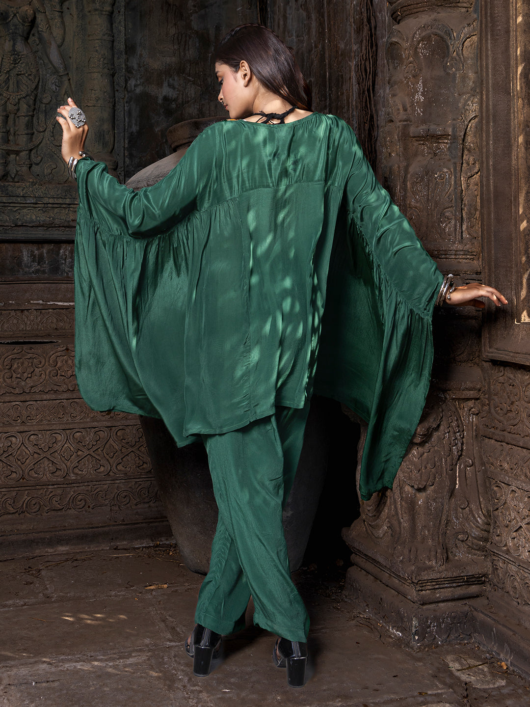 Bottle-Green Solid Color Based Natural Crepe Kaftan with Bottom with Hand Embroidery earthofab