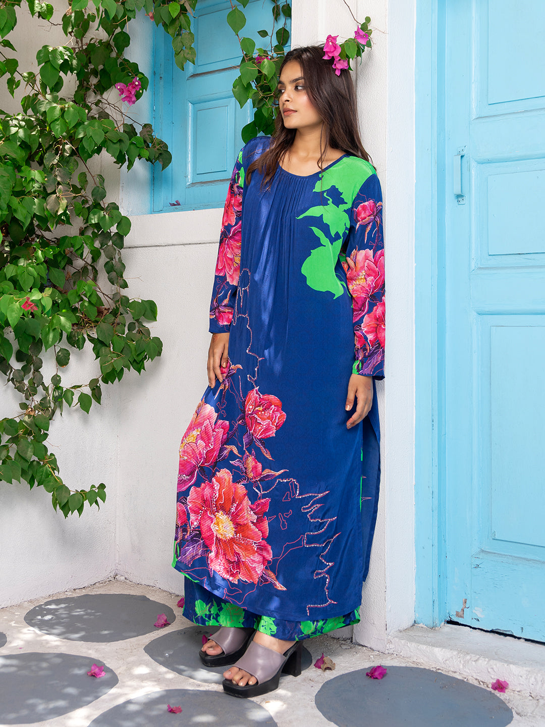 Blue Color Cross-Stitch Based Natural Crepe Straight Kurta Set with Hand Embroidery earthofab