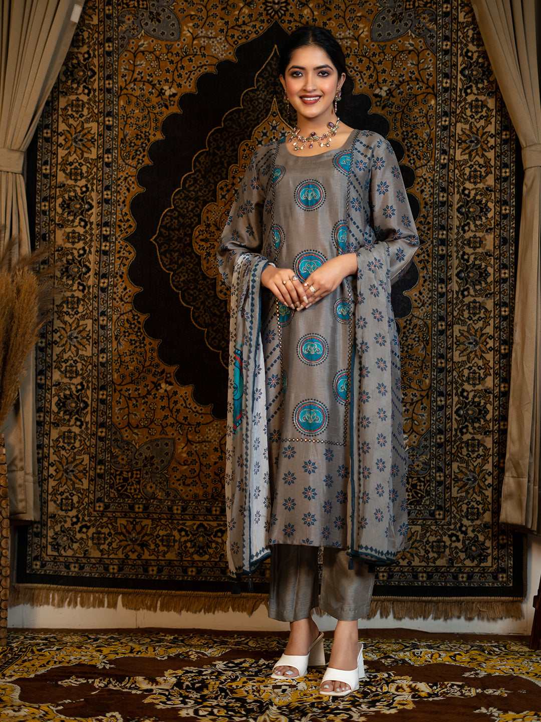 Aries - Dark Grey Astro Fashion Based Raw Silk Top Bottom Dupatta Set with Treadle Zari Work earthofab