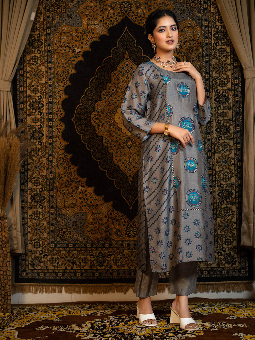 Aries - Dark Grey Astro Fashion Based Raw Silk Top Bottom Dupatta Set with Treadle Zari Work earthofab