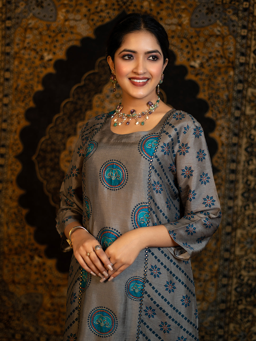 Aries - Dark Grey Astro Fashion Based Raw Silk Top Bottom Dupatta Set with Treadle Zari Work earthofab