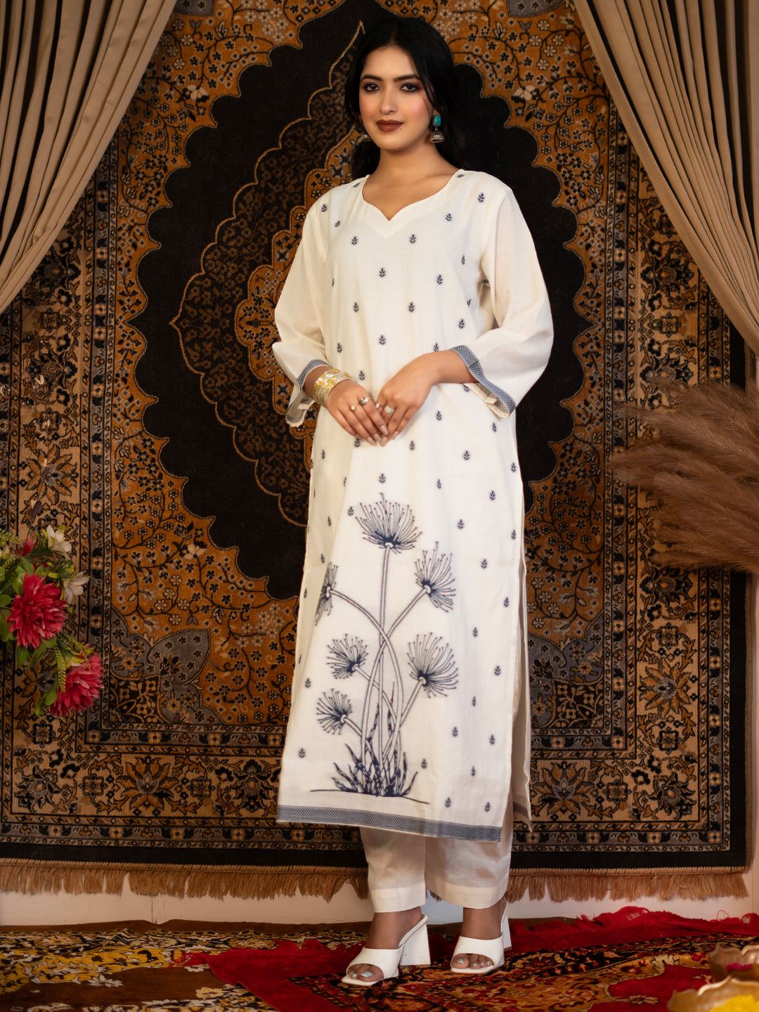 Off-white color Cotton Jacquard Solid Cotton Straight Kurta Pant Set with Dupatta earthofab