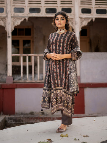 Dark Brown color Ajrakh Based Printed Muslin Straight Kurta Pant Set with Dupatta earthofab