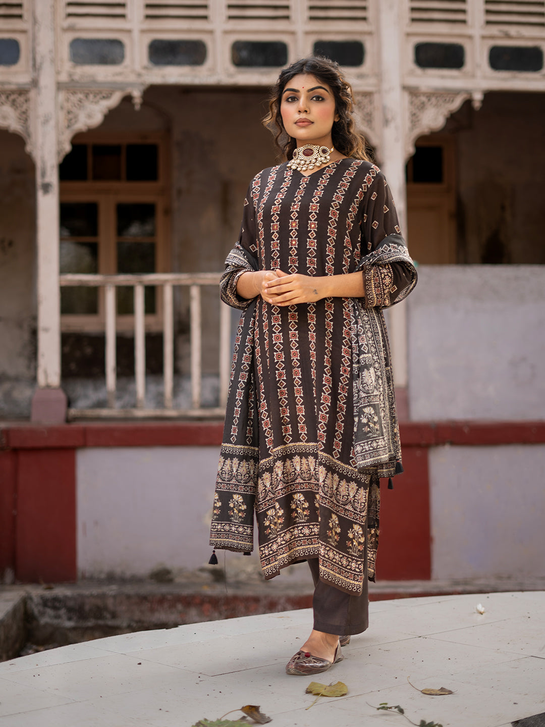 Dark Brown color Ajrakh Based Printed Muslin Straight Kurta Pant Set with Dupatta earthofab