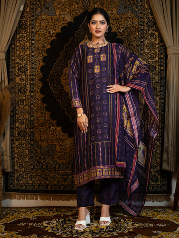 Virgo - Purple Astro Fashion Based Raw Silk Top Bottom Dupatta Set with Sequence Hand Work earthofab