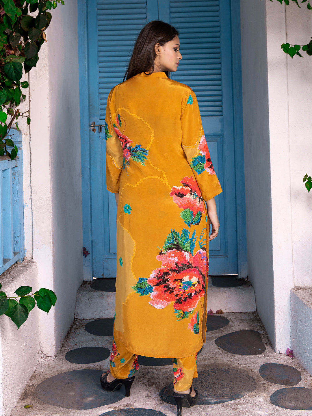 Mustard Color Cross-Stitch Based Natural Crepe Straight Kurta Set with Hand Embroidery earthofab