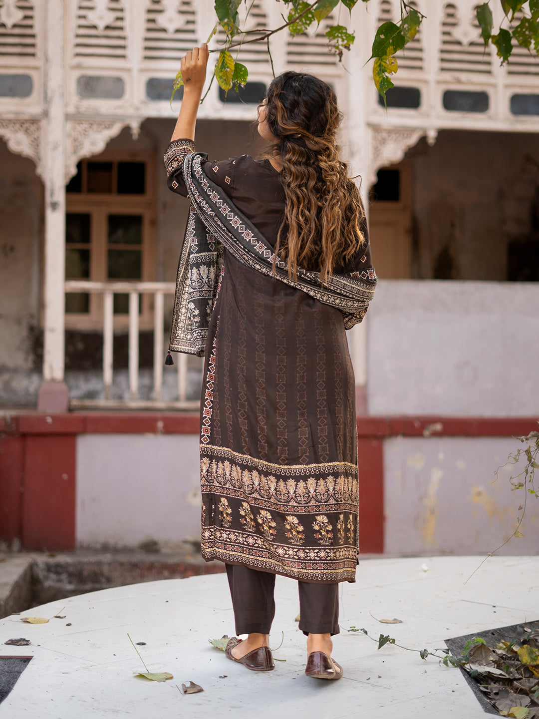 Dark Brown color Ajrakh Based Printed Muslin Straight Kurta Pant Set with Dupatta earthofab