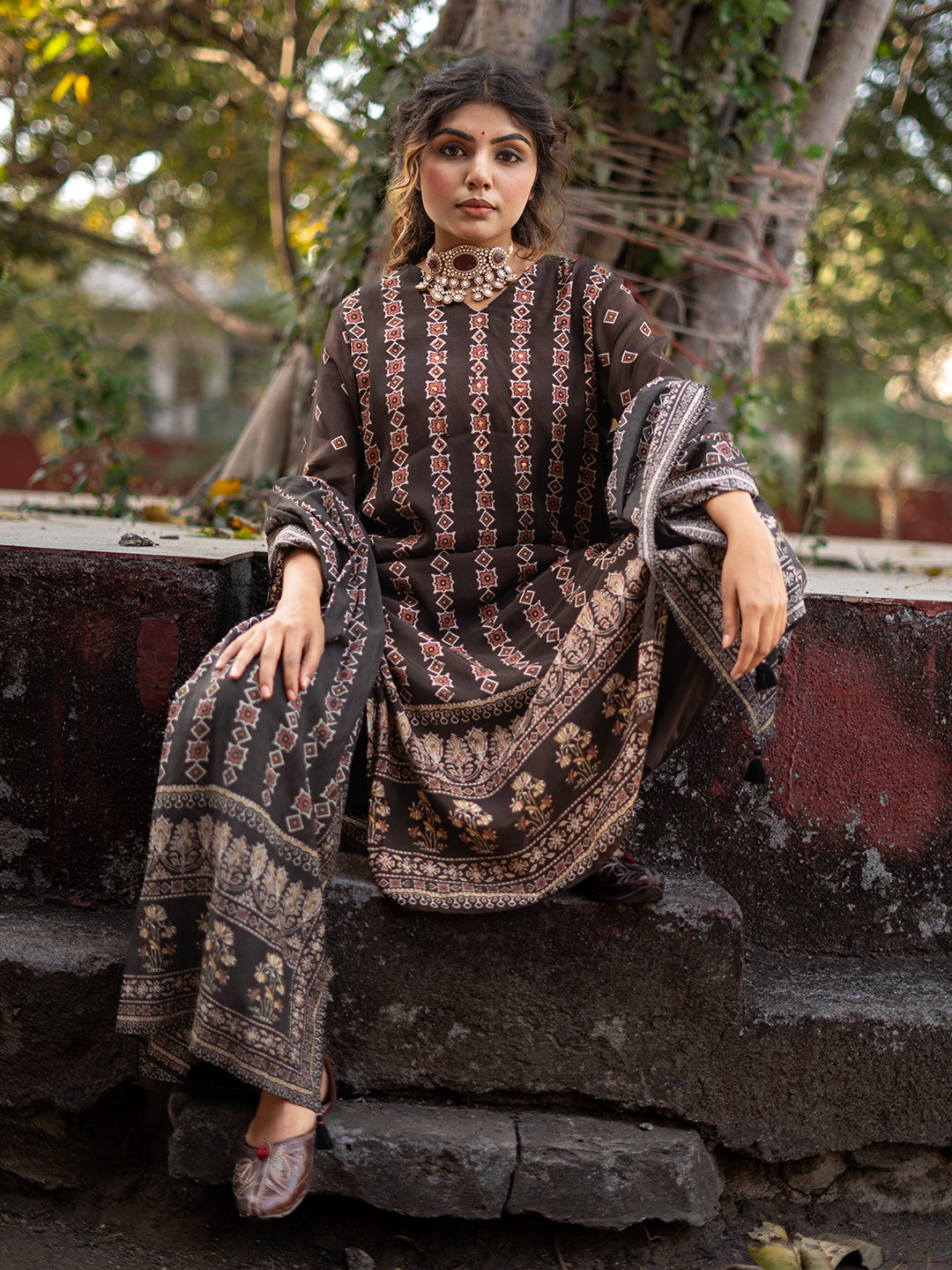 Dark Brown color Ajrakh Based Printed Muslin Straight Kurta Pant Set with Dupatta earthofab