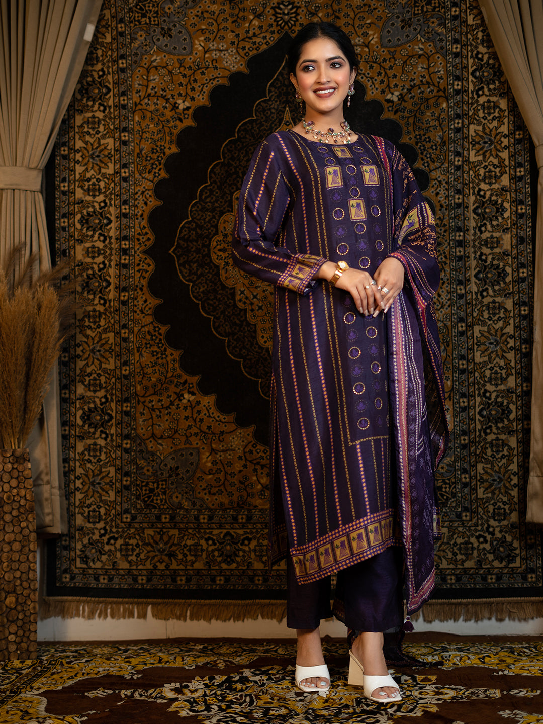 Virgo - Purple Astro Fashion Based Raw Silk Top Bottom Dupatta Set with Sequence Hand Work earthofab