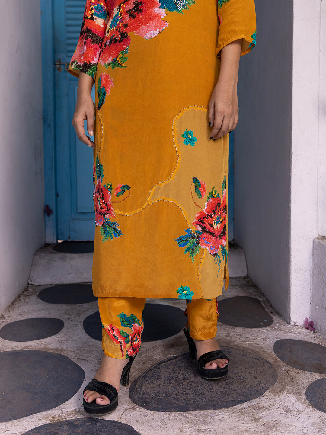 Mustard Color Cross-Stitch Based Natural Crepe Straight Kurta Set with Hand Embroidery earthofab