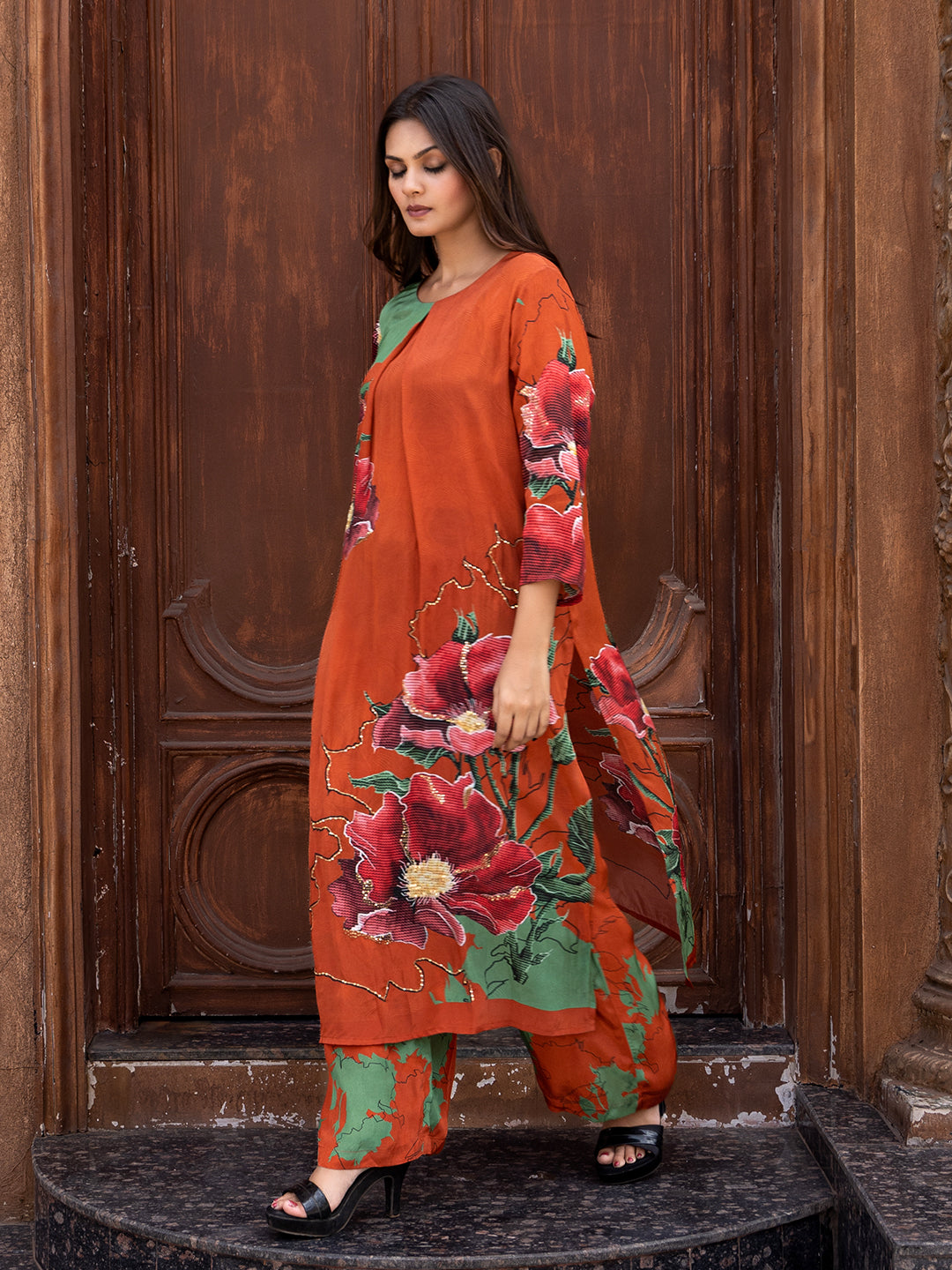 Orange Color Cross-Stitch Based Natural Crepe Straight Kurta Set with Hand Embroidery earthofab