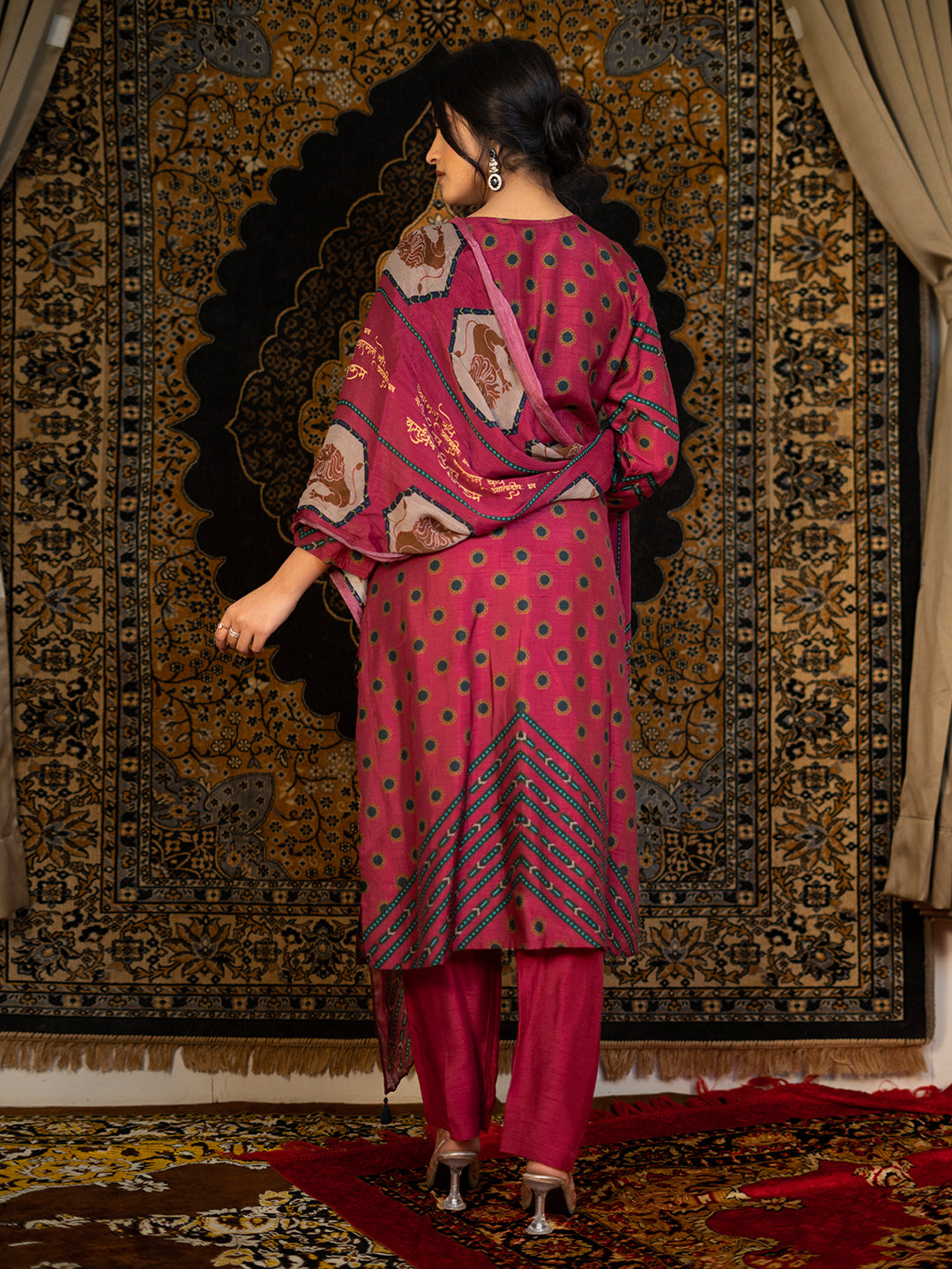 Leo - Maroon Astro Fashion Based Raw Silk Top Bottom Dupatta Set with Sequence Hand Work earthofab