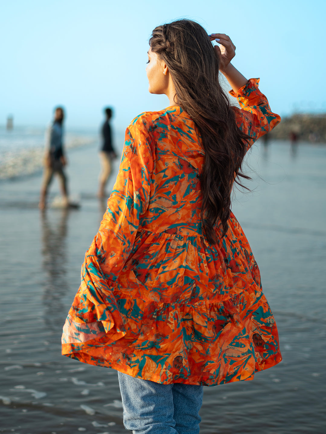 Orange Color Natural Crepe Asymmetrical Top with Abstract Print & Shells earthofab