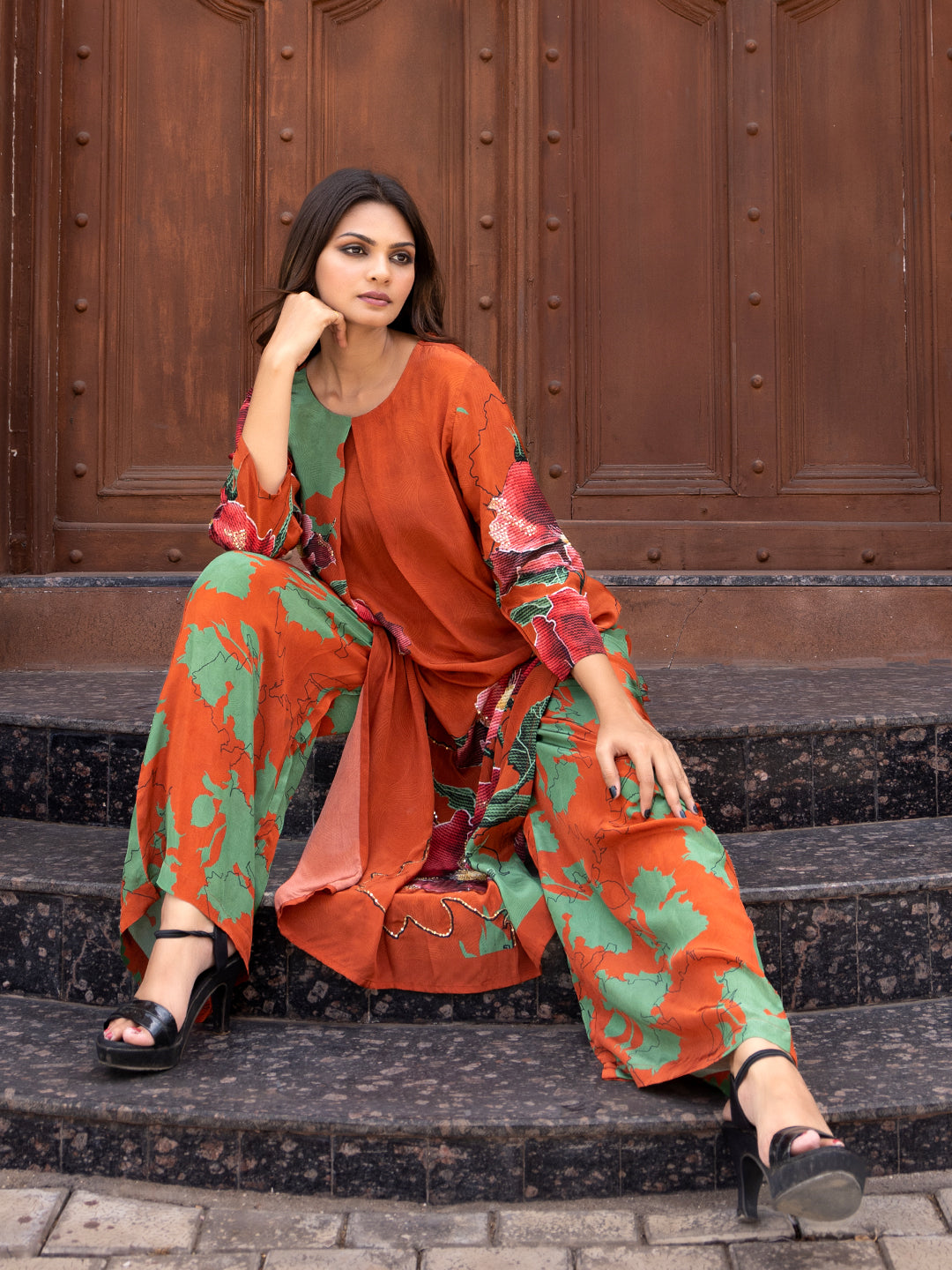 Orange Color Cross-Stitch Based Natural Crepe Straight Kurta Set with Hand Embroidery earthofab