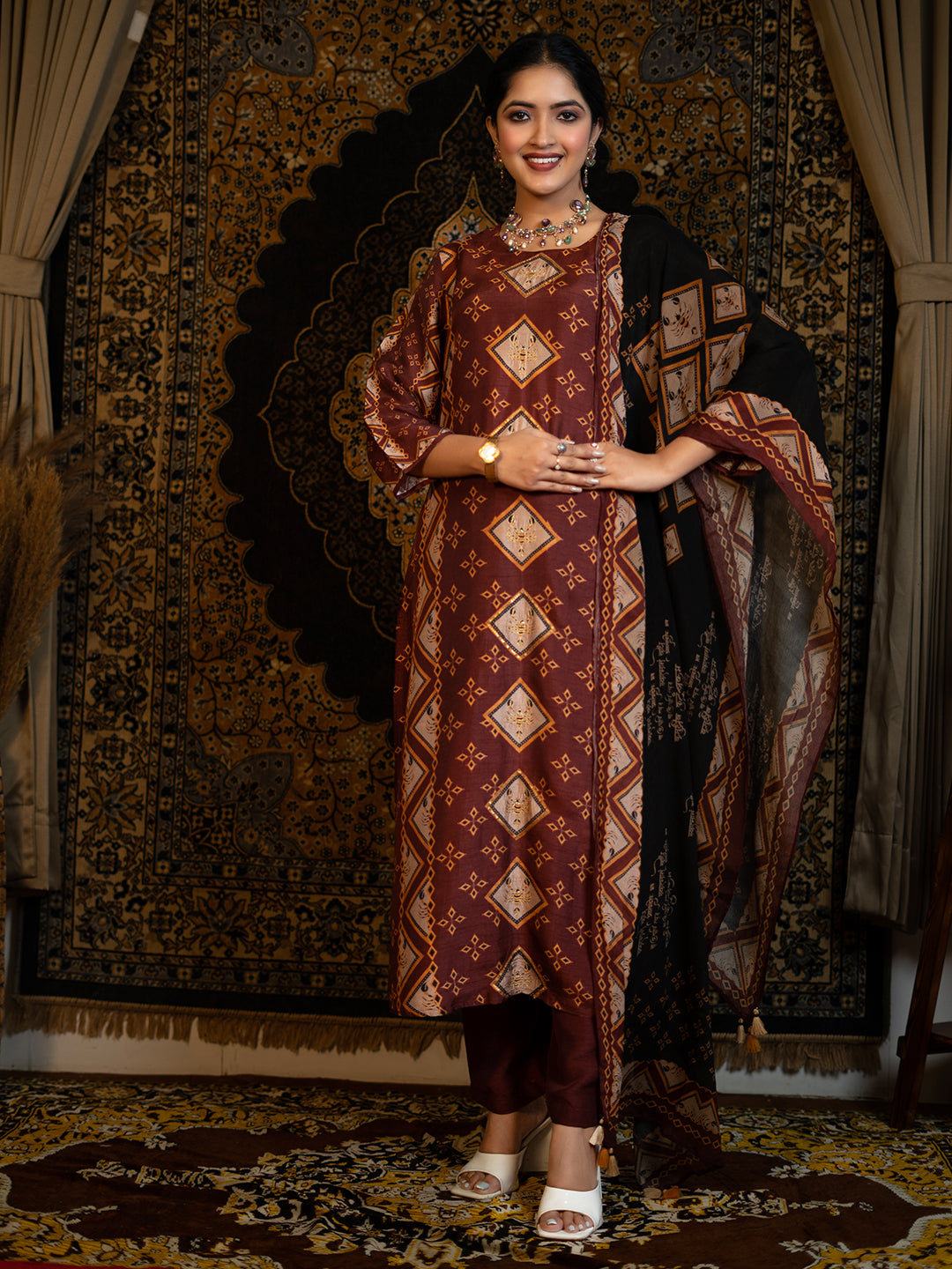 Scorpio - Maroon Astro Fashion Based Raw Silk Top Bottom Dupatta Set with Sequence Moti Work earthofab