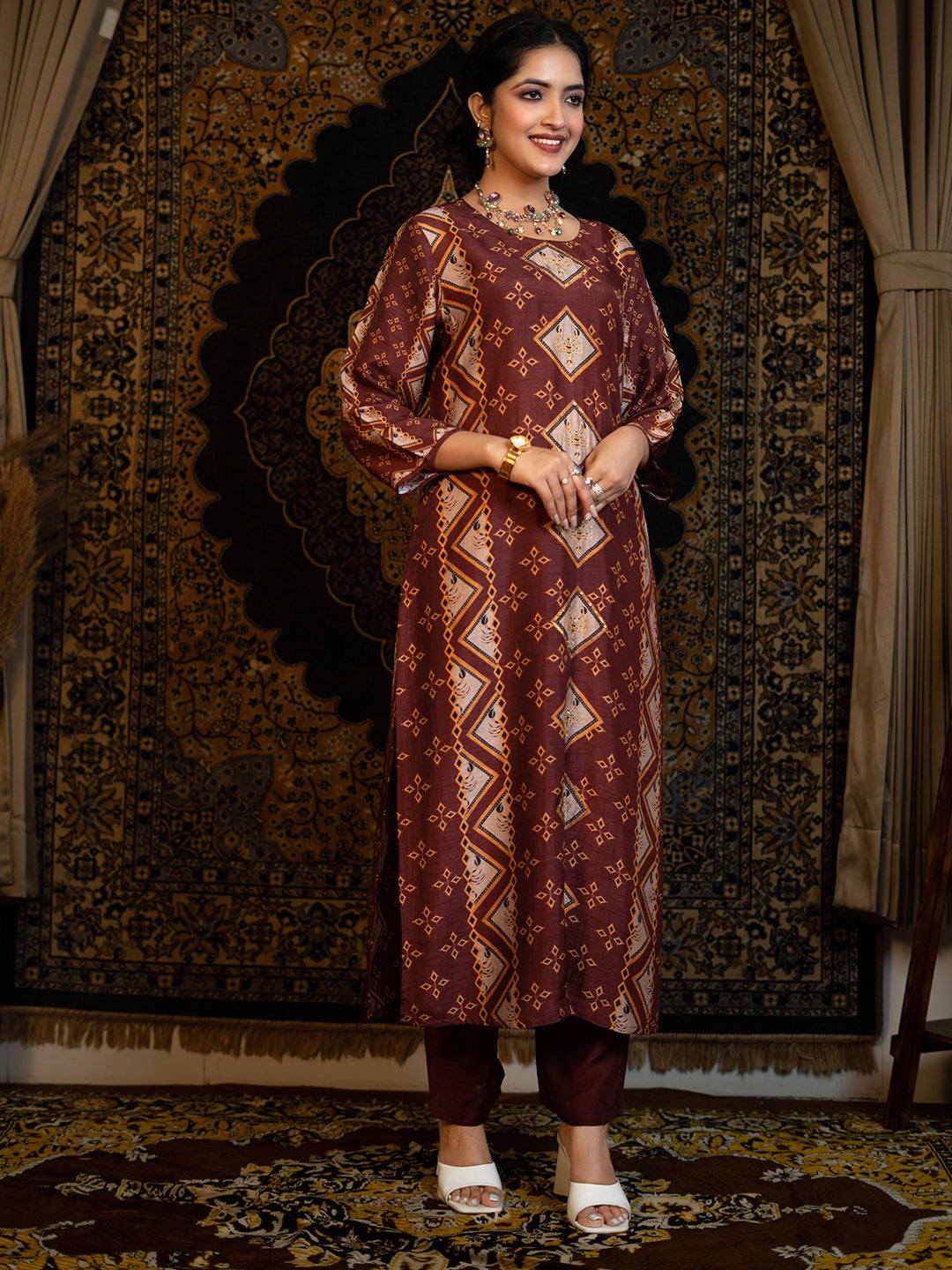 Scorpio - Maroon Astro Fashion Based Raw Silk Top Bottom Dupatta Set with Sequence Moti Work earthofab