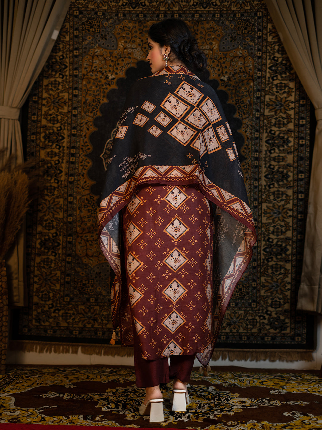 Scorpio - Maroon Astro Fashion Based Raw Silk Top Bottom Dupatta Set with Sequence Moti Work earthofab