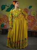 Mustard Yellow color Long Gowns Digital Printed Chinnon Straight Dresses & Gowns earthofab