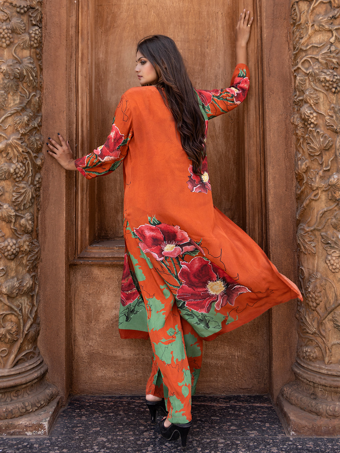 Orange Color Cross-Stitch Based Natural Crepe Straight Kurta Set with Hand Embroidery earthofab