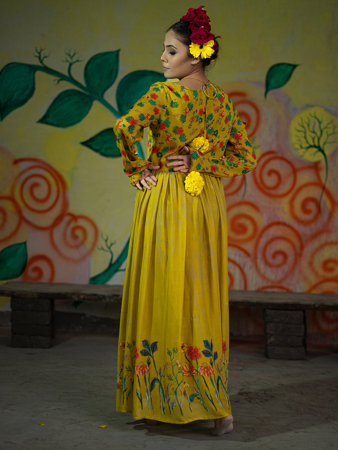 Mustard Yellow color Long Gowns Digital Printed Chinnon Straight Dresses & Gowns earthofab