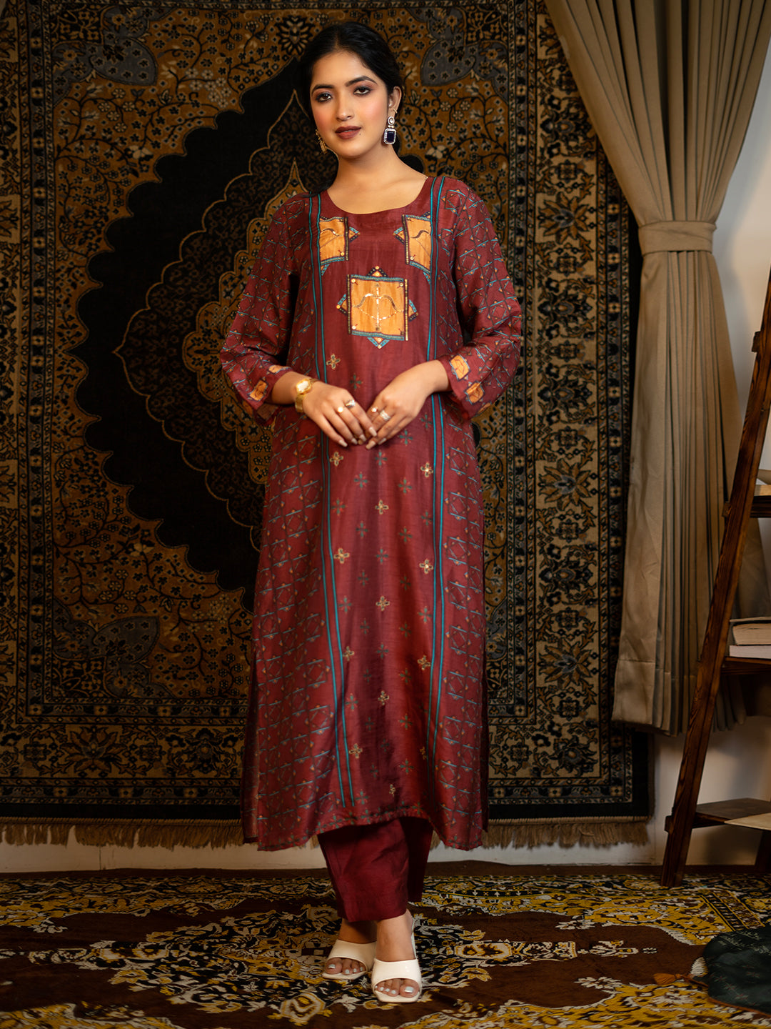 Sagittarius - Maroon Astro Fashion Based Raw Silk Top Bottom Dupatta Set with Sequence Pot Work earthofab