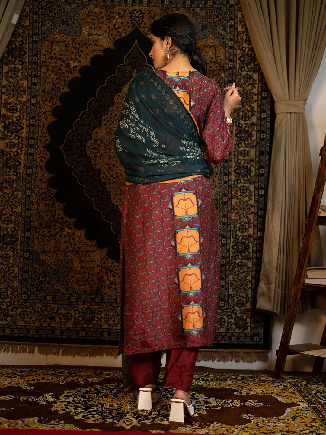 Sagittarius - Maroon Astro Fashion Based Raw Silk Top Bottom Dupatta Set with Sequence Pot Work earthofab