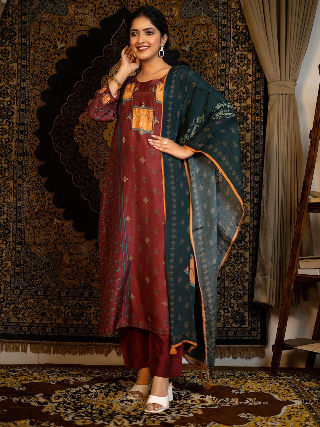 Sagittarius - Maroon Astro Fashion Based Raw Silk Top Bottom Dupatta Set with Sequence Pot Work earthofab