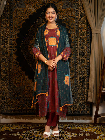 Sagittarius - Maroon Astro Fashion Based Raw Silk Top Bottom Dupatta Set with Sequence Pot Work earthofab