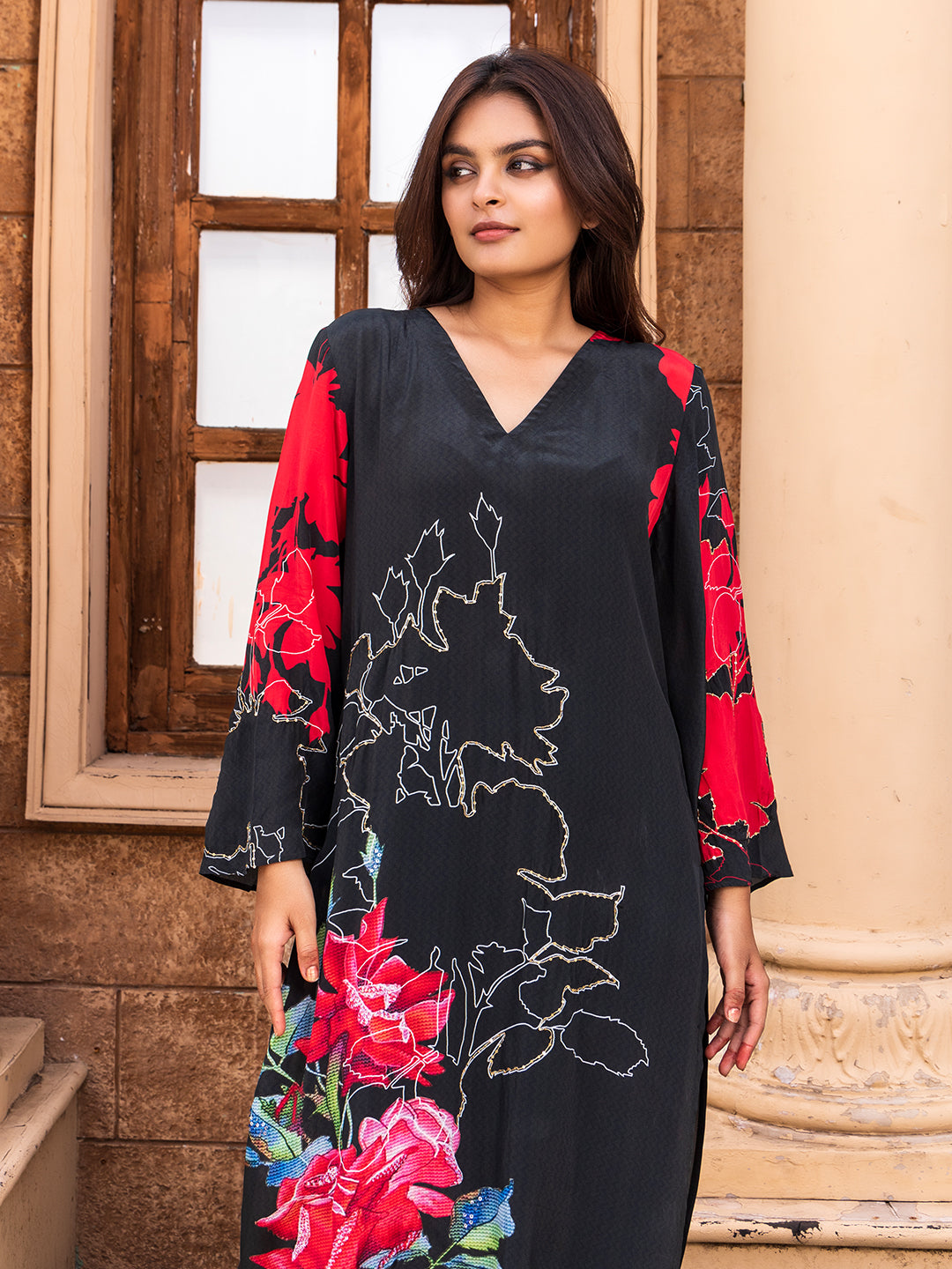 Black Color Cross-Stitch Based Natural Crepe Straight Kurta Set with Hand Embroidery earthofab