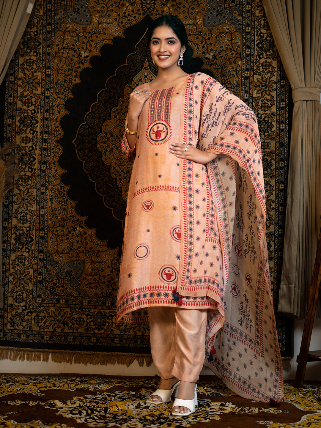 Taurus - Peach Astro Fashion Based Raw Silk Top Bottom Dupatta Set with Sequence Pot Work earthofab