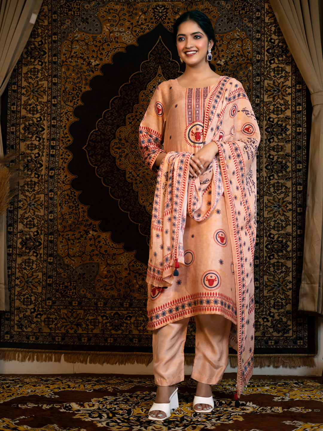 Taurus - Peach Astro Fashion Based Raw Silk Top Bottom Dupatta Set with Sequence Pot Work earthofab