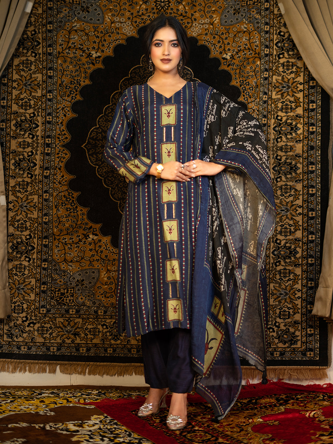 Capricorn - Blue Astro Fashion Based Raw Silk Top Bottom Dupatta Set with Treadle Work earthofab