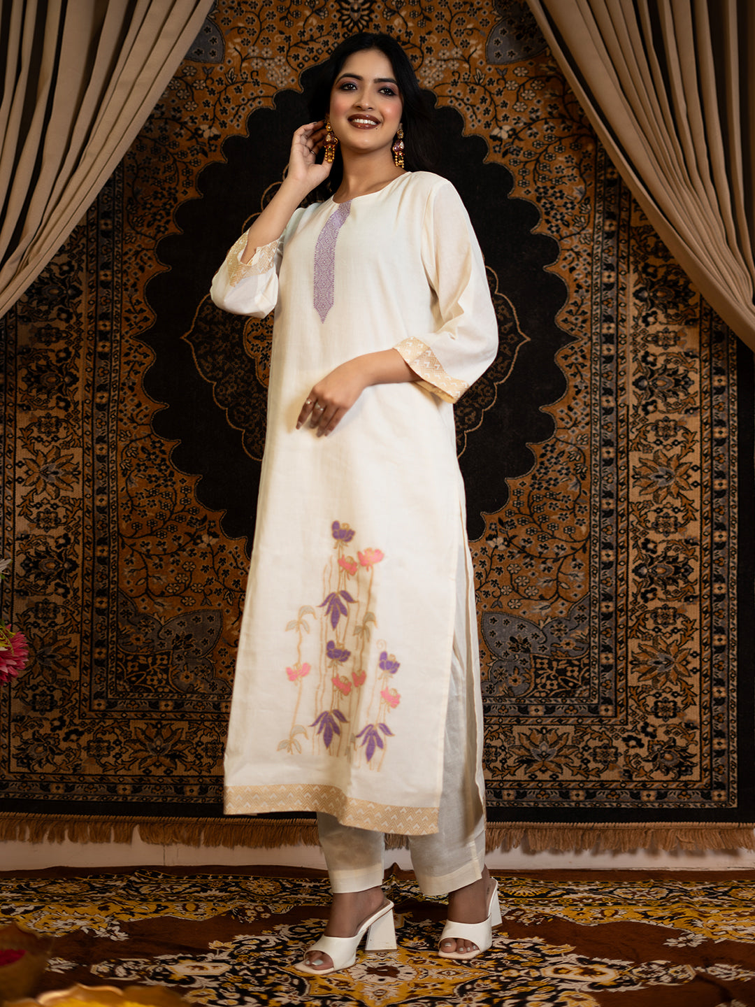 Off-white color Cotton Jacquard Solid Cotton Straight Kurta Pant Set with Dupatta earthofab