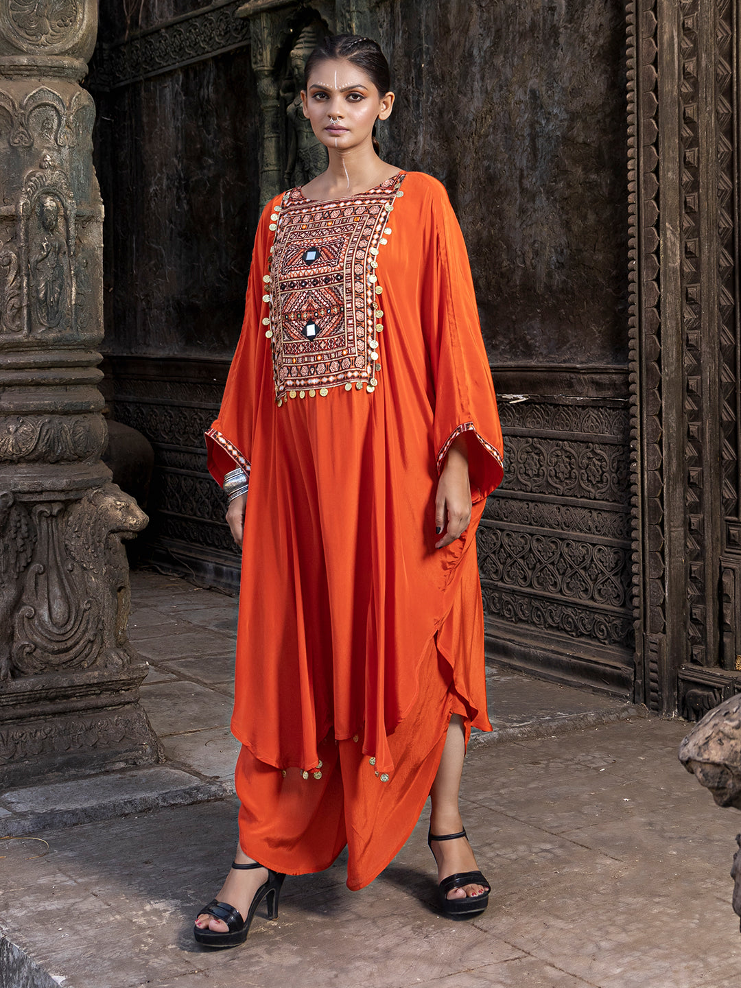 Orange Solid Color Based Natural Crepe Kaftan with Bottom with Hand Embroidery earthofab