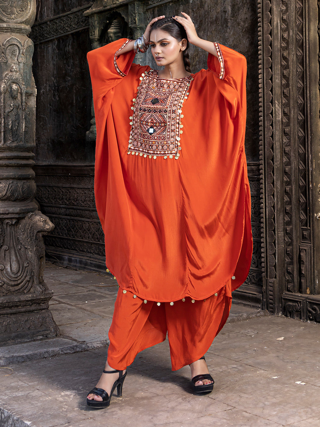 Orange Solid Color Based Natural Crepe Kaftan with Bottom with Hand Embroidery earthofab